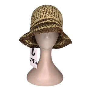 Zara NWT Woven Straw Bucket Hat Openwork Crochet Pattern Brown/Beige Size S